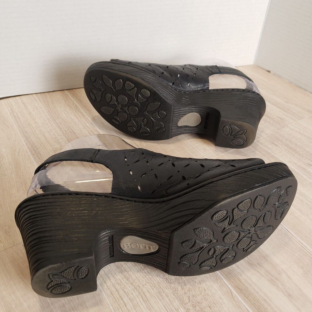 Born Black Leather Slingback Sandals Peep Toe Chunky Heel Women’s Size 7.5 - Picture 7 of 9